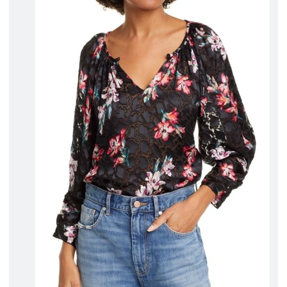 Rebecca Taylor Womens Black sheer floral long sleeve keyhole blouse size 00 - Picture 1 of 9